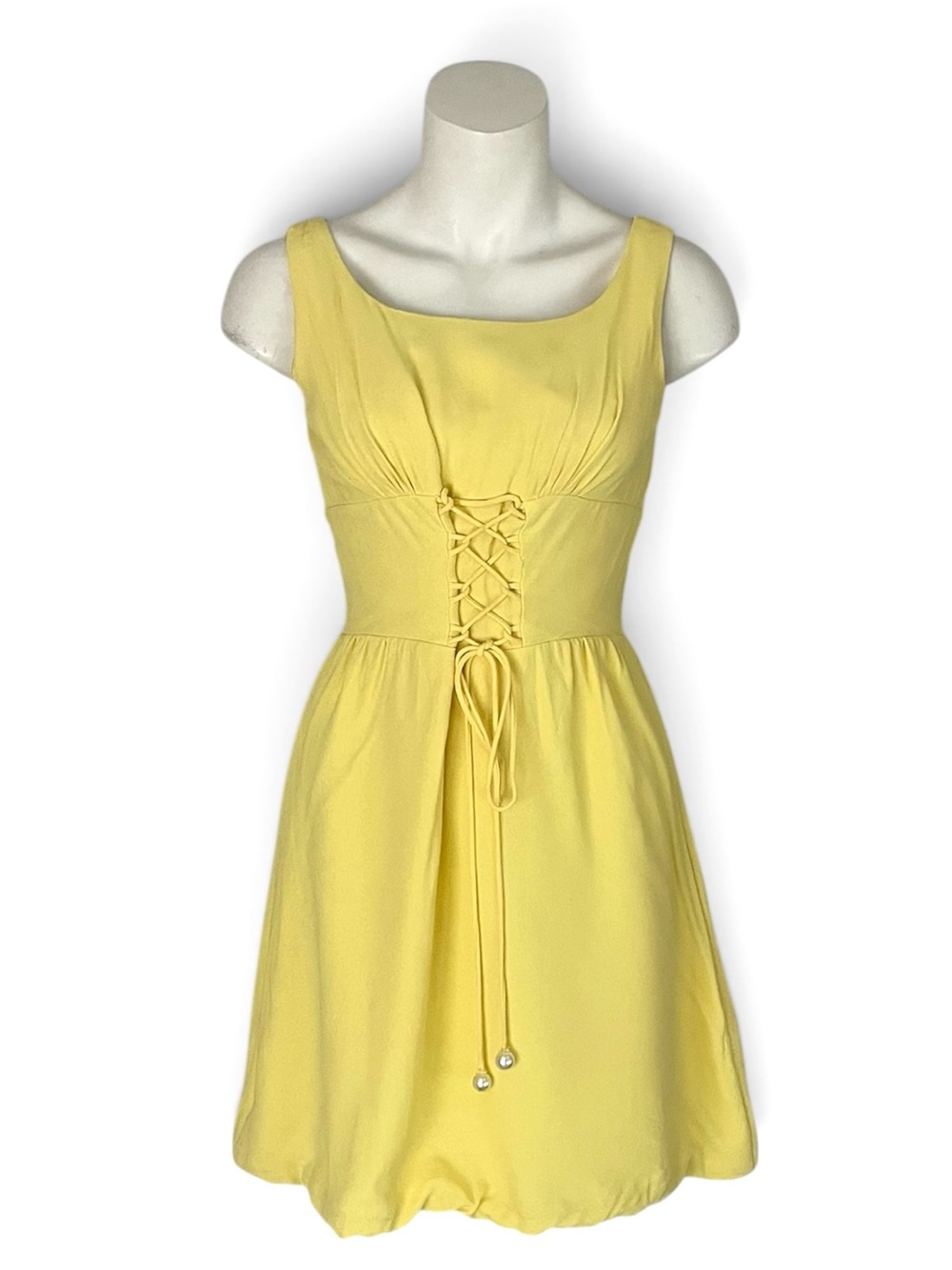 Vintage 60s Lemon Yellow Lace Up Corset Waist Dress Sleeveless Fit & Flare